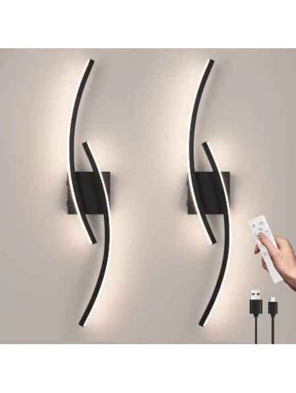 Set of 2 Modern Curved LED Wall Sconces - Battery Operated & USB Rechargeable
